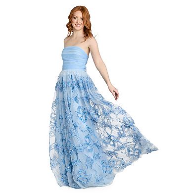 Juniors' Morgan and Co Strapless Tulle Ball Gown with Butterfly Soutache Design