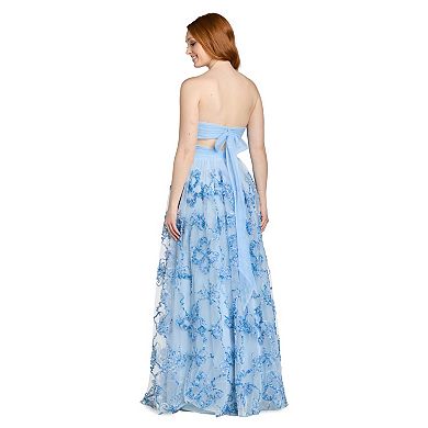 Juniors' Morgan and Co Strapless Tulle Ball Gown with Butterfly Soutache Design
