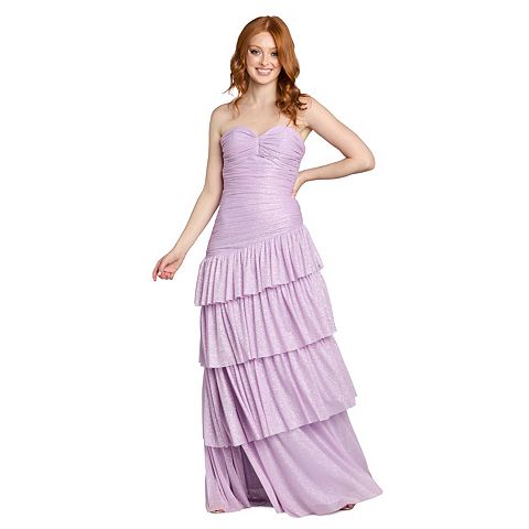 Женские платья Morgan Juniors' Morgan and Co Ruched Strapless Asymmetrical Tiered Maxi Dress