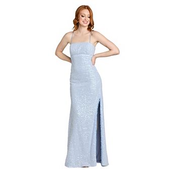 Juniors' Morgan and Co Glitter Chiffon Lace-Up Back Empire Gown