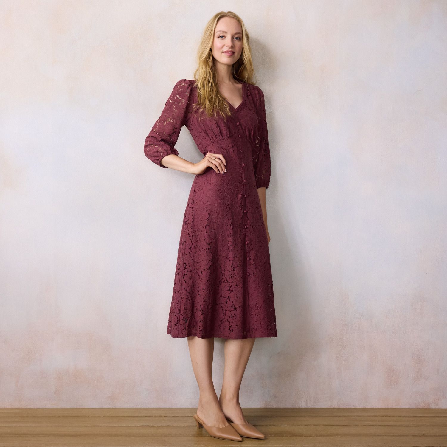 Женское платье LC Lauren Conrad 3/4 Sleeve Empire Midi, цвет: Розовато-лиловый