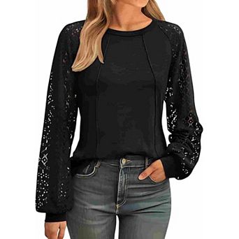 Women's Bohemian Lace Spliced Crew Neck Blouse Pleated Long Sleeve Casual Tops with Raglan Sleeves