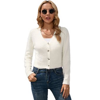 Women Chunky Knit Button Cardigan Sweater V Neck Cropped Sweaters Crop Top Fuzzy Cardigans
