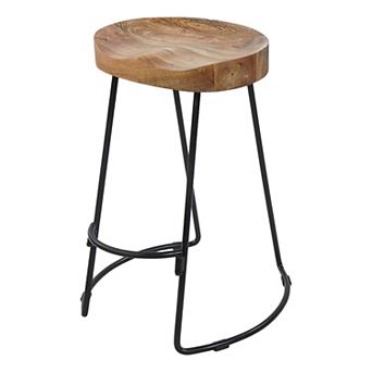 30 Inch Handcrafted Backless Counter Height Barstool, Mango Wood Saddle Seat, Black Iron Base