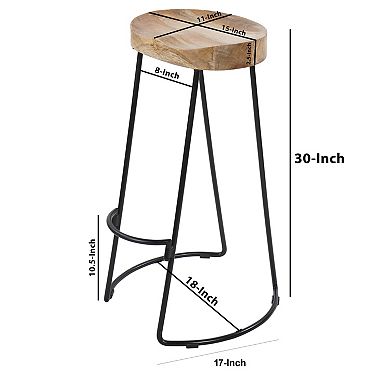 30 Inch Handcrafted Backless Counter Height Barstool, Mango Wood Saddle Seat, Black Iron Base