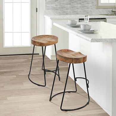 30 Inch Handcrafted Backless Counter Height Barstool, Mango Wood Saddle Seat, Black Iron Base