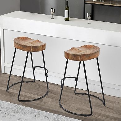 30 Inch Handcrafted Backless Counter Height Barstool, Mango Wood Saddle Seat, Black Iron Base