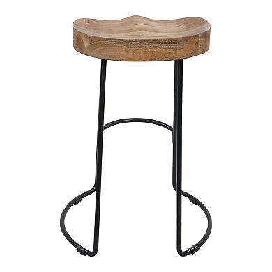 30 Inch Handcrafted Backless Counter Height Barstool, Mango Wood Saddle Seat, Black Iron Base