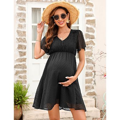 Women's Polka Dot V-Neck Maternity Dress Short Sleeve with Lining Breathable