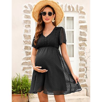 Women's Polka Dot V-Neck Maternity Dress Short Sleeve with Lining Breathable