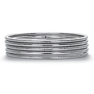 Textured and Polished 5-Piece Bangle Bracelet Set in Silvertone 9"