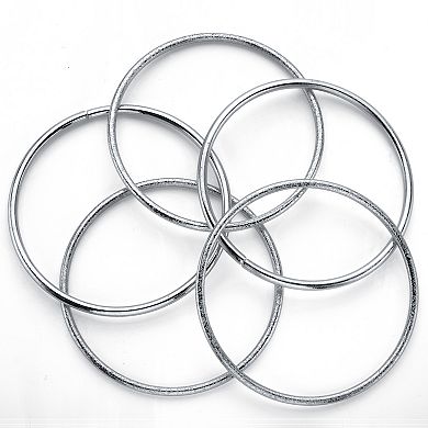Textured and Polished 5-Piece Bangle Bracelet Set in Silvertone 9"