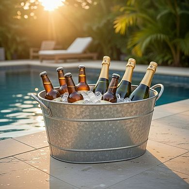 Lola 23 Inch Beverage Tub, Galvanized Antique Silver Steel, 2 Handles