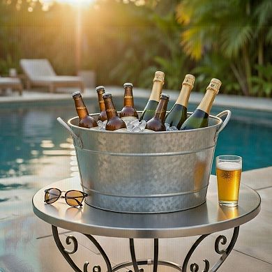 Lola 23 Inch Beverage Tub, Galvanized Antique Silver Steel, 2 Handles