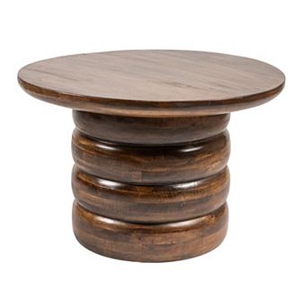 Hello Honey Round Mango Wood Coffee Table with Ribbed Base, Walnut Finish