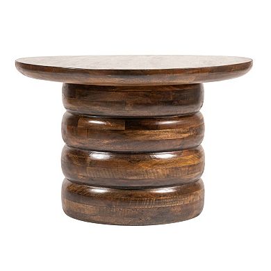 Hello Honey Round Mango Wood Coffee Table with Ribbed Base, Walnut Finish