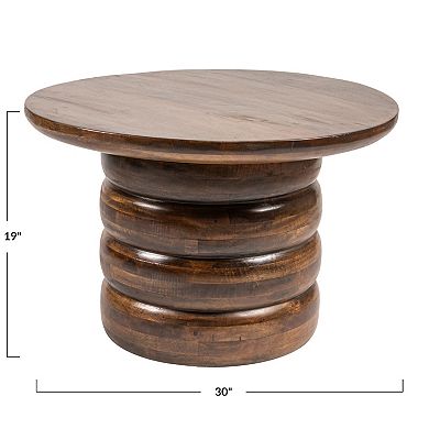 Hello Honey Round Mango Wood Coffee Table with Ribbed Base, Walnut Finish