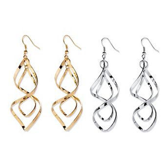 2 Pair Free-Form Twist Earrings Set in Silvertone and Yellow Goldtone