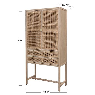 Hello Honey Woven Cane and Wood Cabinet with Doors and Drawers, Natural