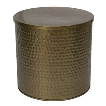 Hello Honey Round Hammered Metal Drum Table or Planter with Lid, Gold