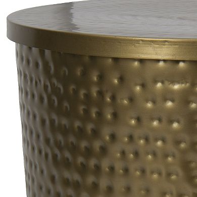 Hello Honey Round Hammered Metal Drum Table or Planter with Lid, Gold