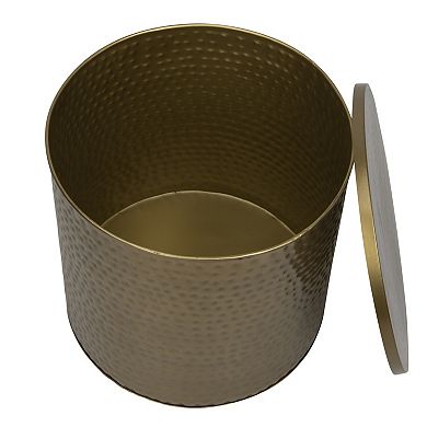Hello Honey Round Hammered Metal Drum Table or Planter with Lid, Gold