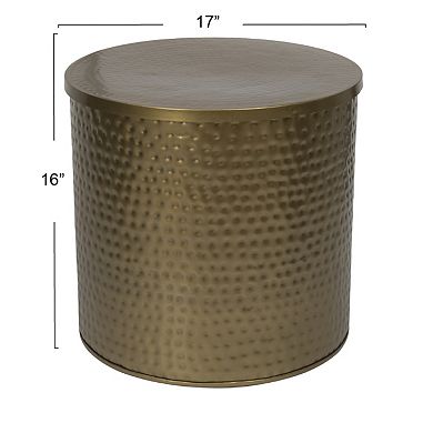 Hello Honey Round Hammered Metal Drum Table or Planter with Lid, Gold
