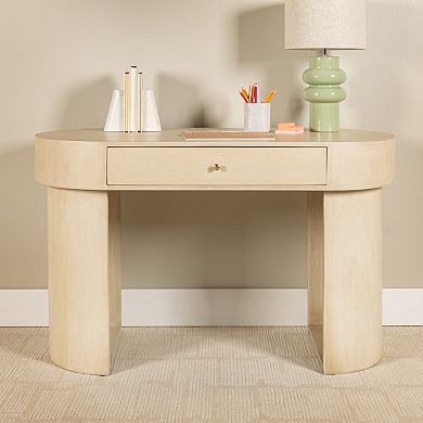 Hello Honey Whitewashed Oval Mango Wood Desk with Drawer, Whitewashed