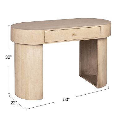 Hello Honey Whitewashed Oval Mango Wood Desk with Drawer, Whitewashed