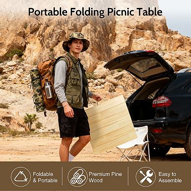 YQNUCO Folding Low Picnic Table, Wooden Coffee Table for Sitting on The Floor, for Park, Garden