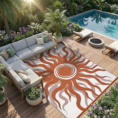 Garvee Modern Sun Pattern Waterproof UV Resistant Outdoor Rug Reversible Lightweight for Picnic RV