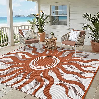 Garvee Modern Sun Pattern Waterproof UV Resistant Outdoor Rug Reversible Lightweight for Picnic RV