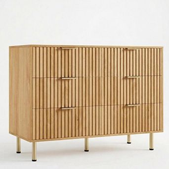 Modern Fluted 6 Drawer Dresser - 54" Wide Wooden Chest -for Bedroom, Living Room, Hallway