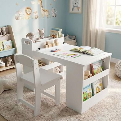 Wooden Kids Activity Table and 2 Chairs Set with 4-Tier Open Shelf Paper Roll Dispenser,for Playroom