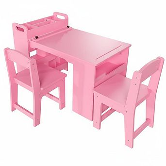 Wooden Kids Activity Table and 2 Chairs Set with 4 tier Open Shelf Paper Roll Dispenser,for Playroom