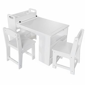 Wooden Kids Activity Table and 2 Chairs Set with 4 tier Open Shelf Paper Roll Dispenser,for Playroom