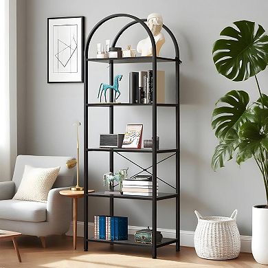 5Tier-Arched Bookshelf,Arched Display Racks,Tall Standing Bookshelves With Metal Frame,Modern