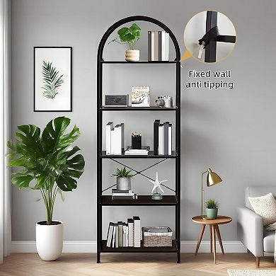 5Tier-Arched Bookshelf,Arched Display Racks,Tall Standing Bookshelves With Metal Frame,Modern
