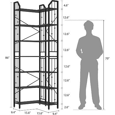 Industrial L-Shaped Corner Bookshelf 5/7-Tier Tall Gold & White Bookcase with Beaded Detail