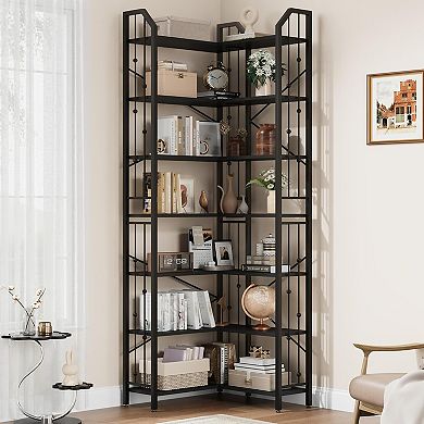 Industrial L-Shaped Corner Bookshelf 5/7-Tier Tall Gold & White Bookcase with Beaded Detail