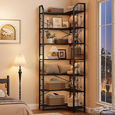 Industrial L-Shaped Corner Bookshelf 5/7-Tier Tall Gold & White Bookcase with Beaded Detail