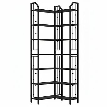 Industrial L-Shaped Corner Bookshelf 5/7 tier Tall Gold & White Bookcase with Beaded Detail