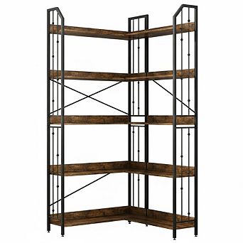 Industrial L-Shaped Corner Bookshelf 5/7 tier Tall Gold & White Bookcase with Beaded Detail