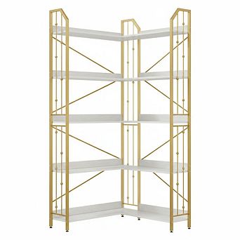 Industrial L-Shaped Corner Bookshelf 5/7 tier Tall Gold & White Bookcase with Beaded Detail