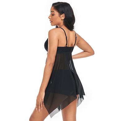 Women's Mesh Dress Style Asymmetric Hem Bikini Swimsuit Two-Piece Set