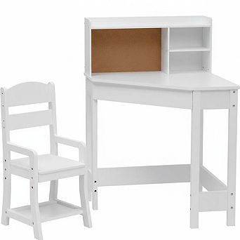 Kids Desk and Chair Set, Wooden Corner Study Table with Bookshelf, Bulletin Board, and Pen Holder