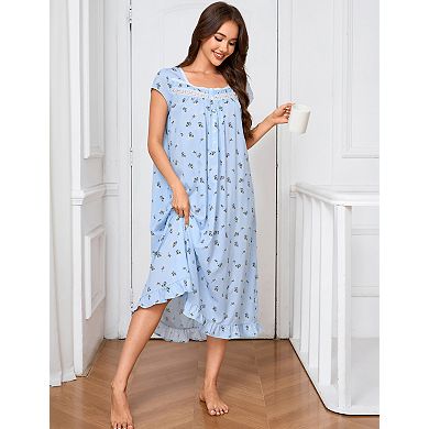 Women's Short Sleeve Nightdress Floral Print Shift Dress with Pockets