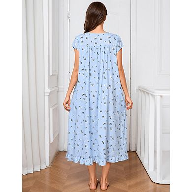 Women's Short Sleeve Nightdress Floral Print Shift Dress with Pockets