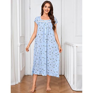 Women's Short Sleeve Nightdress Floral Print Shift Dress with Pockets