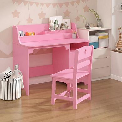kid's Desk with Wooden Chair, Student Desk with Cabinet, Multifunctional Children's Learning Table